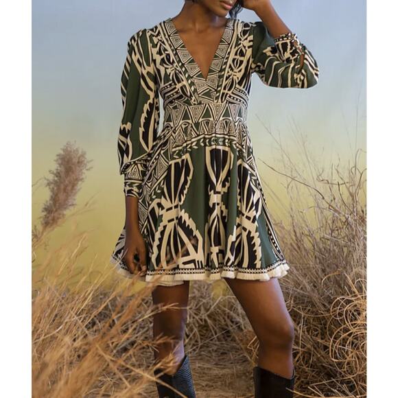 PatBO Emerald Fringe Trim V-Neck Long Sleeve Mini Dress Size 2